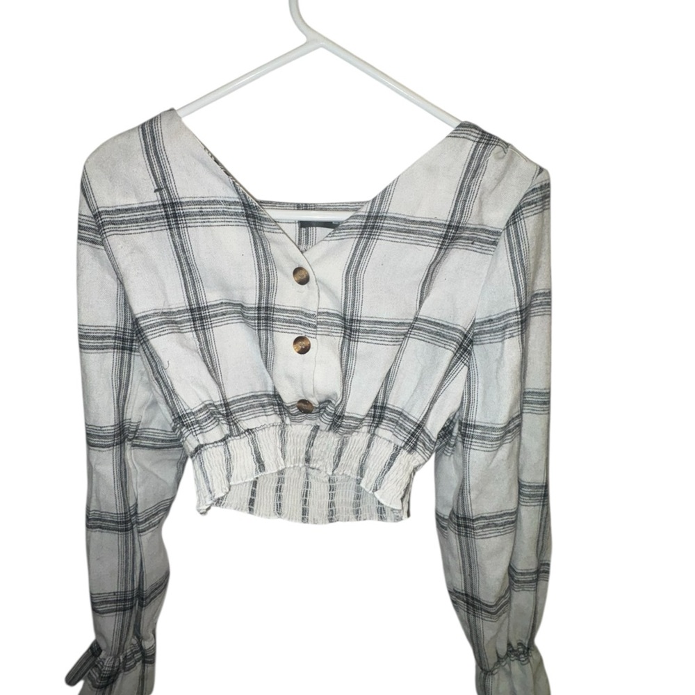 Cropped Plaid Button-Front Top - White/Black